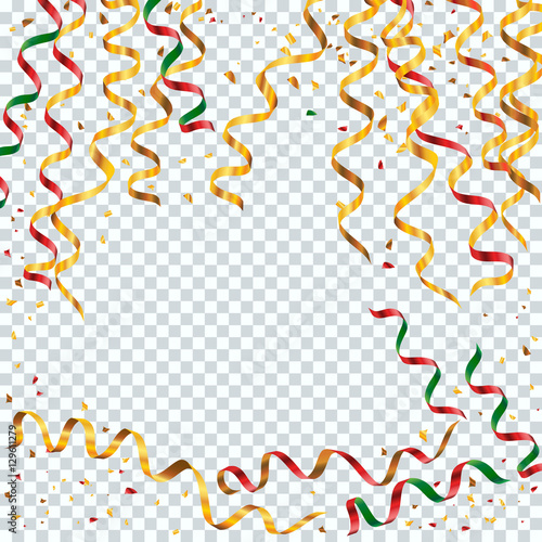 Golden and colorful serpentine ribbons with golden dust on trans