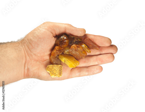 handful of large pieces of amber in palms on white background