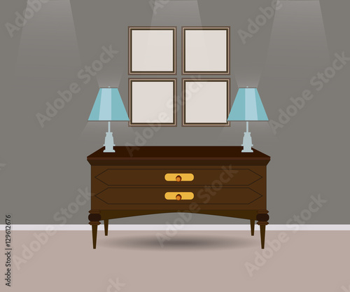 chest of drawers with two lamps with gray wall on the background