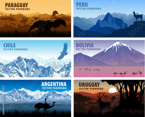 vector set of panorams countries South America - Chile, Peru, Argentina, Bolivia, Paraguay,  Uruguay