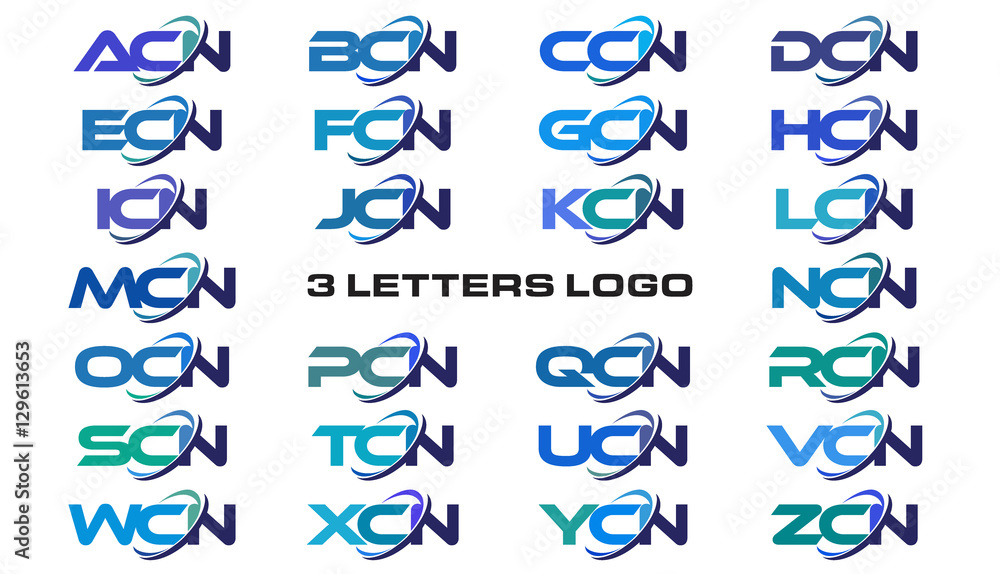 3 letters modern generic swoosh logo ACN, BCN, CCN, DCN, ECN, FCN, GCN, HCN, ICN, JCN, KCN, LCN, MCN, NCN, OCN, PCN, QCN, RCN, SCN, TCN, UCN, VCN, WCN, XCN, YCN, ZCN,  - obrazy, fototapety, plakaty 