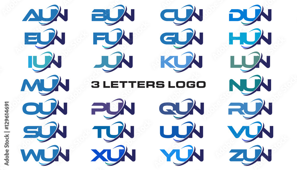 3 letters modern generic swoosh logo AUN, BUN, CUN, DUN, EUN, FUN, GUN, HUN, IUN, JUN, KUN, LUN, MUN, NUN, OUN, PUN, QUN, RUN, SUN, TUN, UUN, VUN, WUN, XUN, YUN, ZUN, 