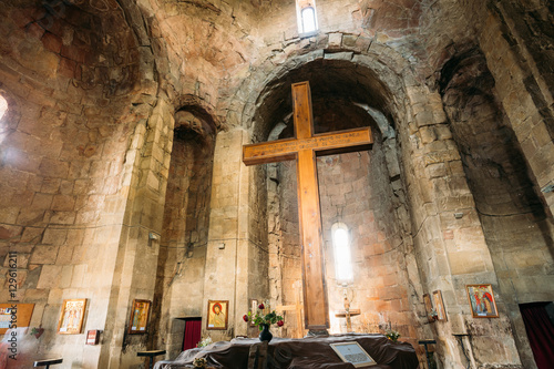 Mtskheta Georgia. Big Wooden Cross In Interior Of Jvari Church, 