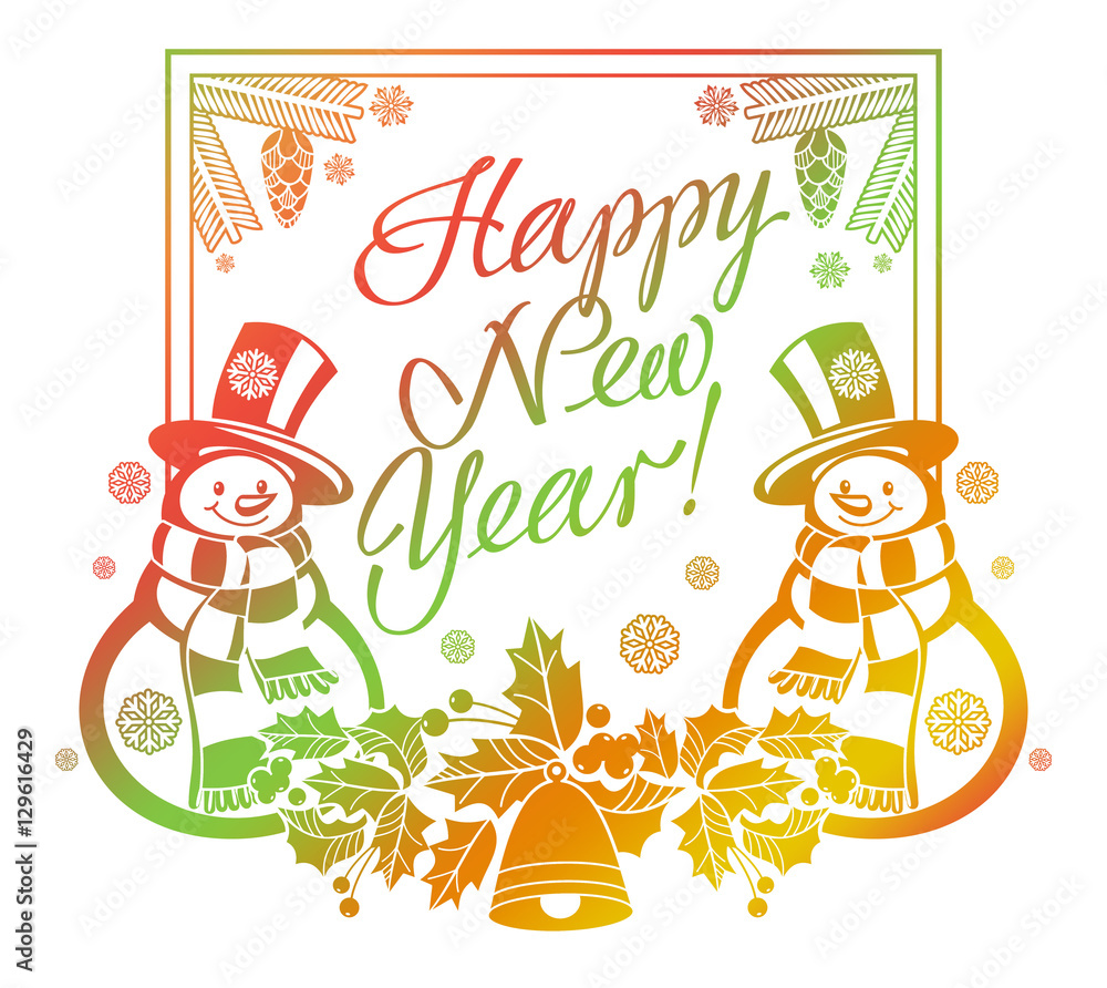 Fototapeta premium Holiday label with funny snowman and written greeting