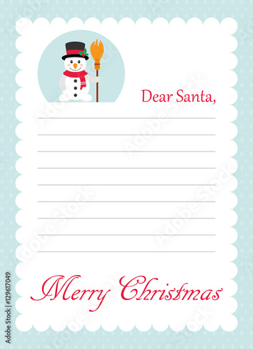 cartoon letter to santa with cute snowman and broom
