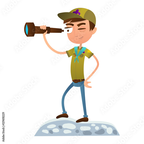 Boy Scout teenager looking through a telescope. Boy Scout in uniform.