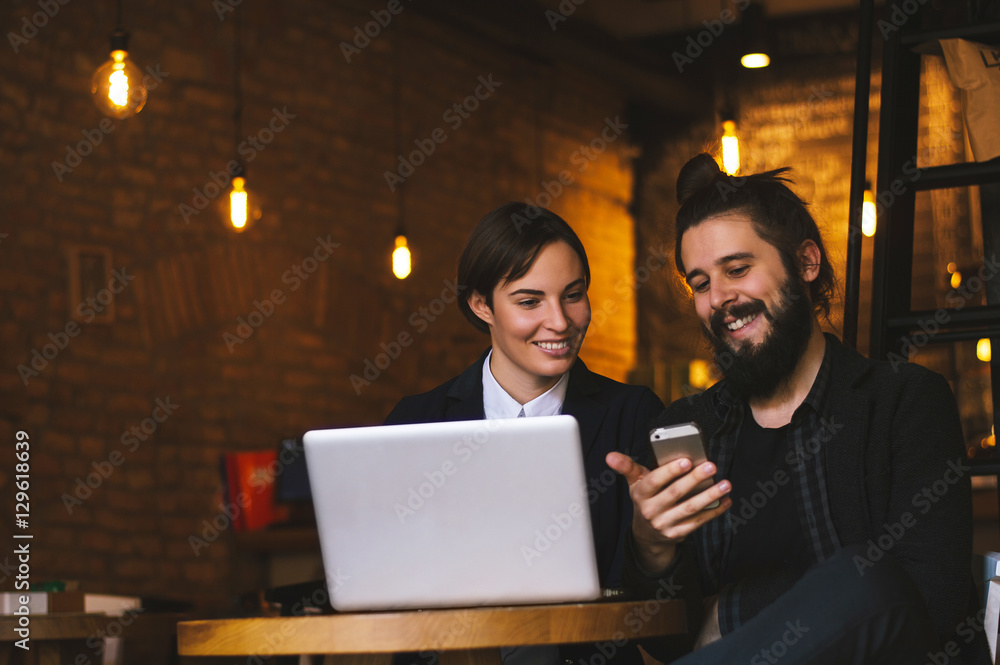 Busy business people in cafe, working while break Busy business people in cafe, working while break