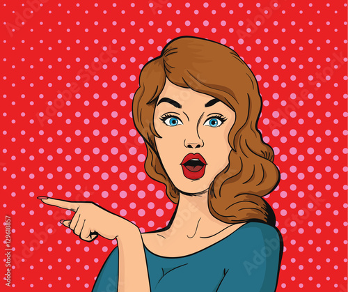 Surprised young woman pointing her finger. Vector graphics. Pop Art.