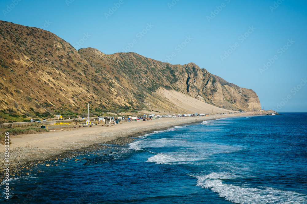 View of mountains and the Pacific Ocean, in Malibu, California.