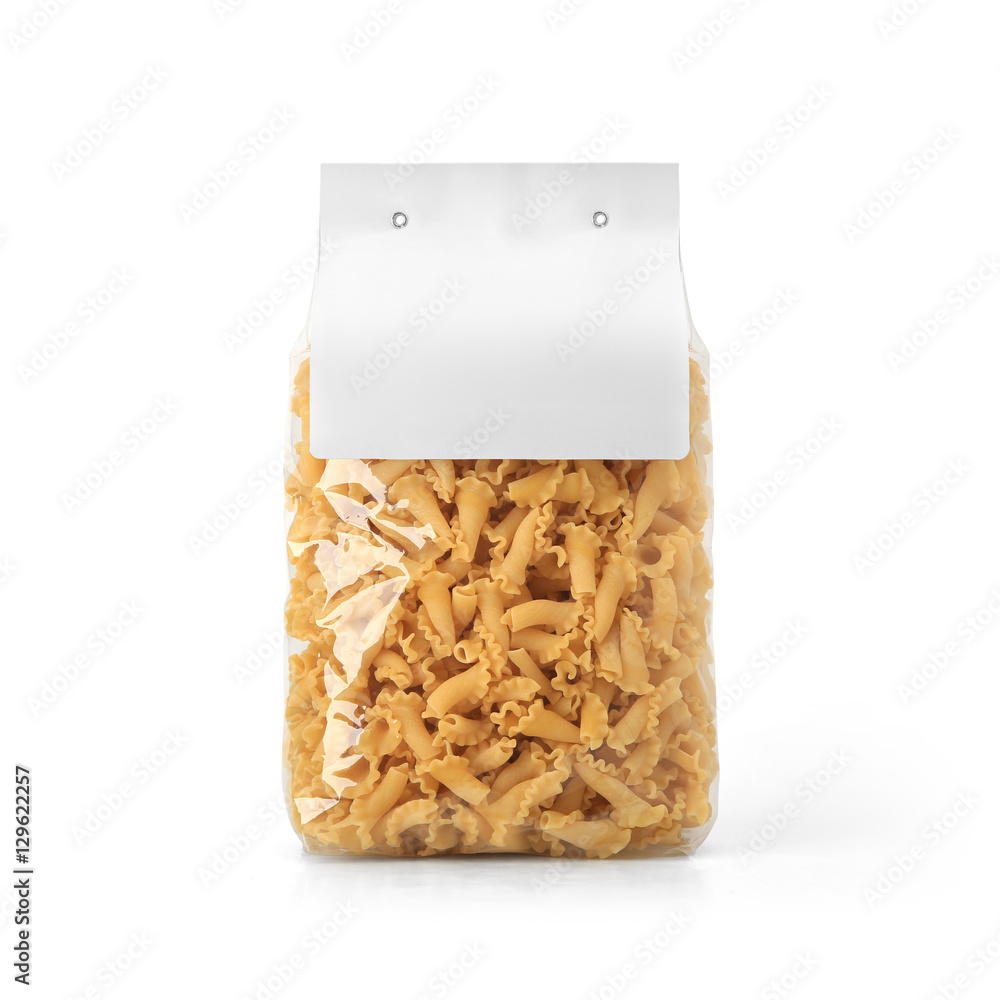 Transparent plastic pasta bag with paper label isolated on white