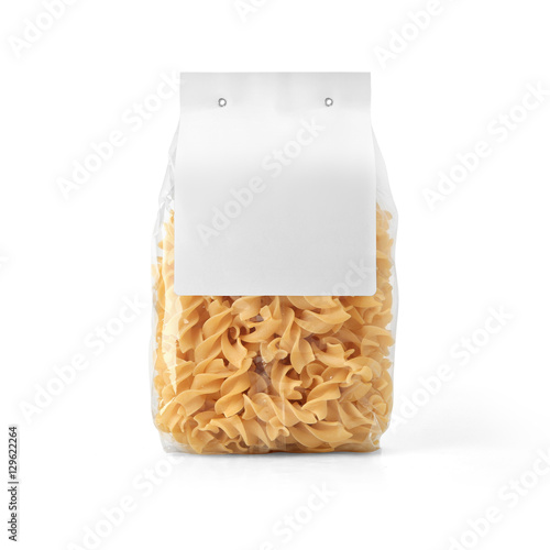 Transparent plastic pasta bag with paper label isolated on white background. Packaging template mockup collection. With clipping Path included. Stand-up Back view. Fusilli shape