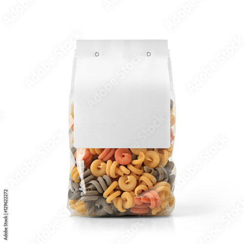 Transparent plastic pasta bag with paper label isolated on white background. Packaging template mockup collection. With clipping Path included. Stand-up Back view. Trottole shape