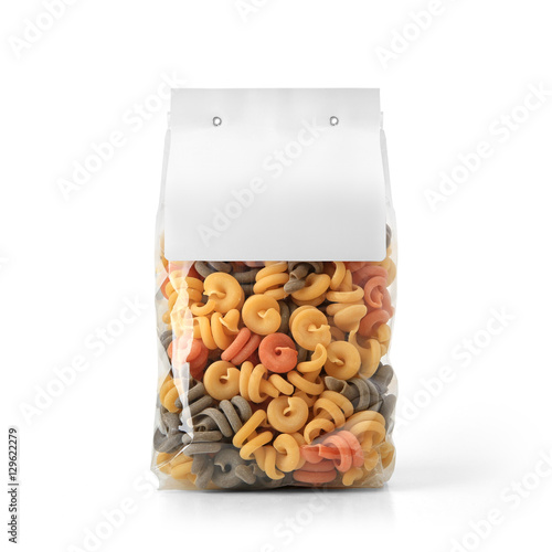 Transparent plastic pasta bag with paper label isolated on white background. Packaging template mockup collection. With clipping Path included. Stand-up Front view. Trottole shape