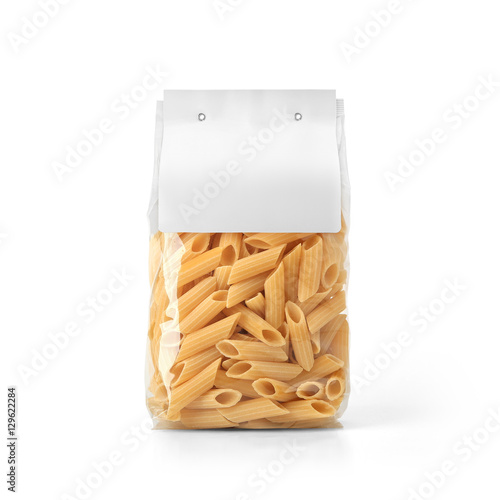 Transparent plastic pasta bag with paper label isolated on white background. Packaging template mockup collection. With clipping Path included. Stand-up Front view. Penne Rigate shape