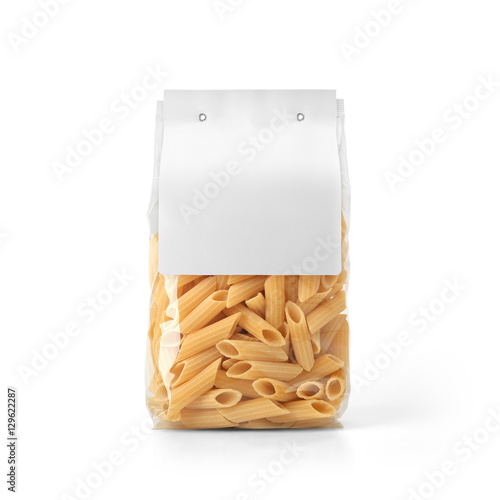 Transparent plastic pasta bag with paper label isolated on white background. Packaging template mockup collection. With clipping Path included. Stand-up Back view. Penne Rigate shape