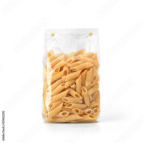 Transparent plastic pasta bag isolated on white background. Packaging template mockup collection. With clipping Path included. Stand-up Front view. Penne Rigate shape