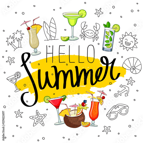 Caption Hello Summer surrounded from different cocktails and sum