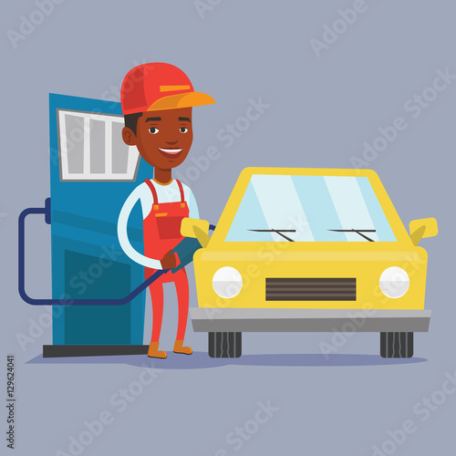 Worker filling up fuel into car.