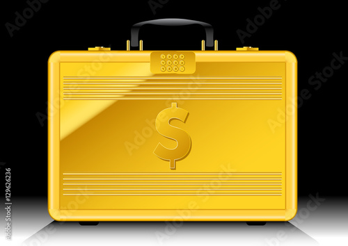 Gold suitcase with $ sign on side
