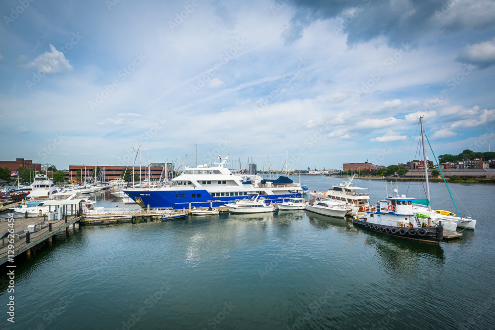 View of a marina in the Charles River, in Charlestown, Boston, M