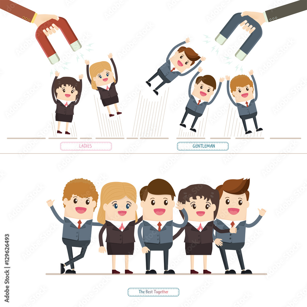 hands of businessman using magnet attract women and men customers hands of businessman using magnet attract women and men customers