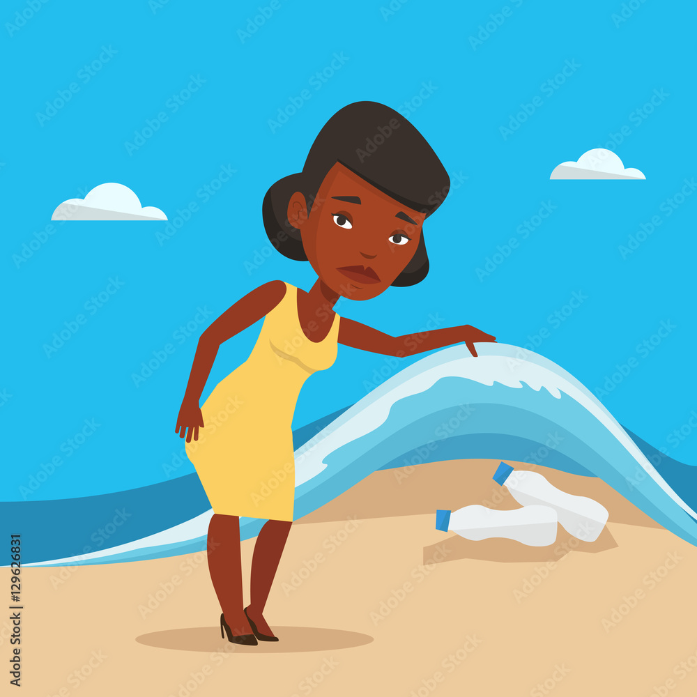 Woman showing plastic bottles under sea wave. Woman showing plastic bottles under sea wave.