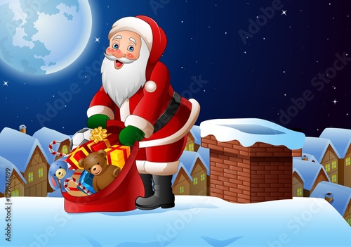 Christmas background with Santa Claus holding bag of presents on the roof top