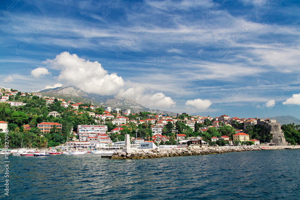 Naklejka premium Panorama view at Herceg Novi city and high mountain, Montenegro