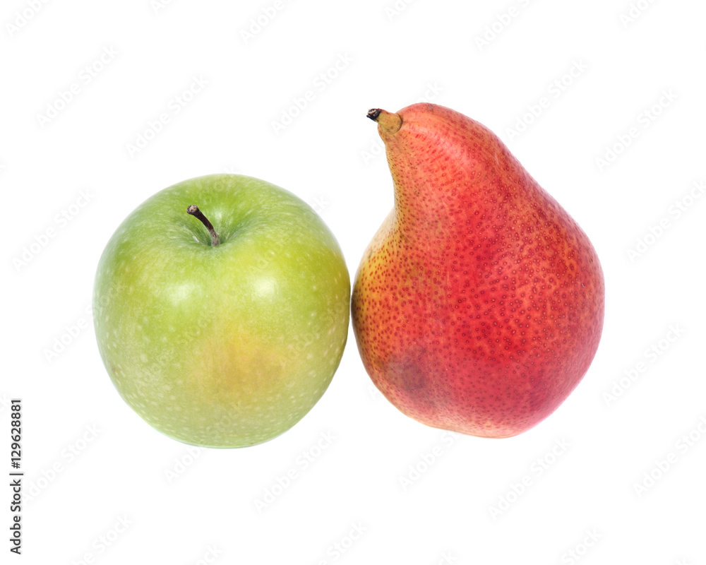 Organic bartlett pear and granny smith apple isolated on white background Organic bartlett pear and granny smith apple isolated on white background