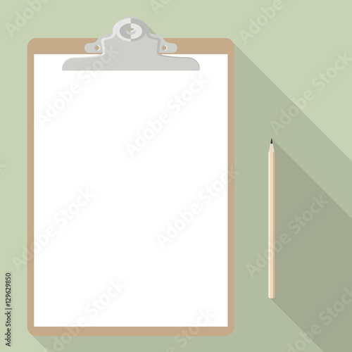 flat vector pencil and A4 blank paper sheet with clipboard on green background with long shadow effect