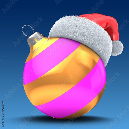 3d illustration of pink Christmass ball over blue background with golden line and Christmas hat