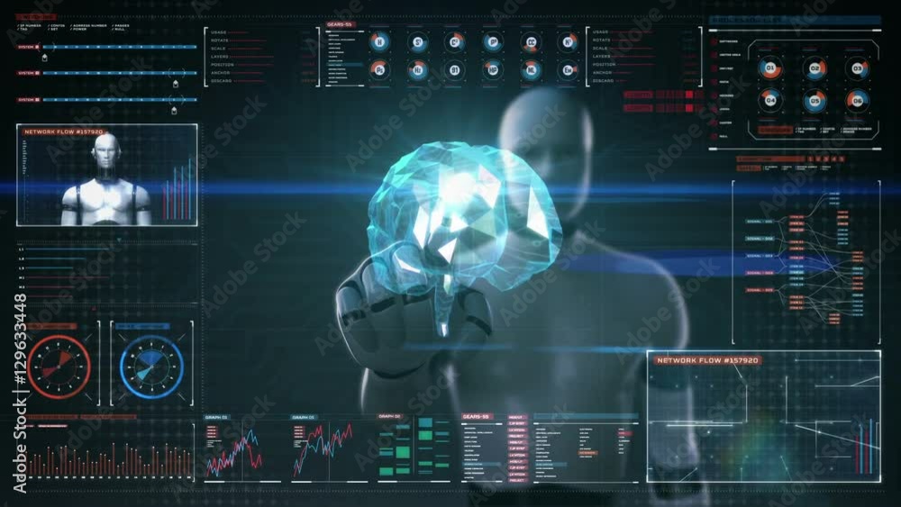 Robot touching digital screen, humanoid, Scanning Brain in digital display dashboard. X-ray view Robot touching digital screen, humanoid, Scanning Brain in digital display dashboard. X-ray view