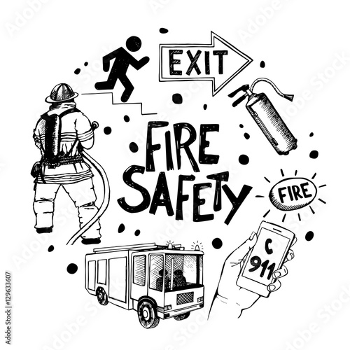 Fire safety and means of salvation. Icons set in circle.
