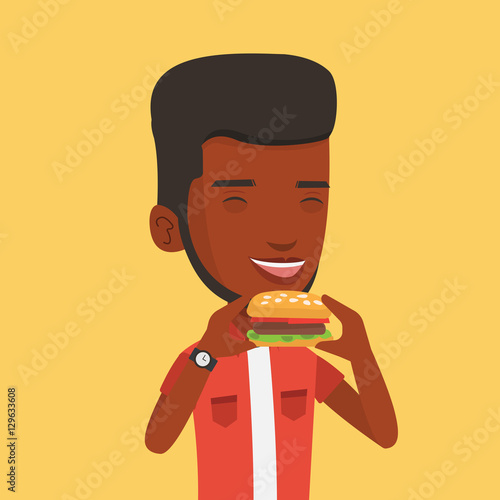 Man eating hamburger vector illustration.