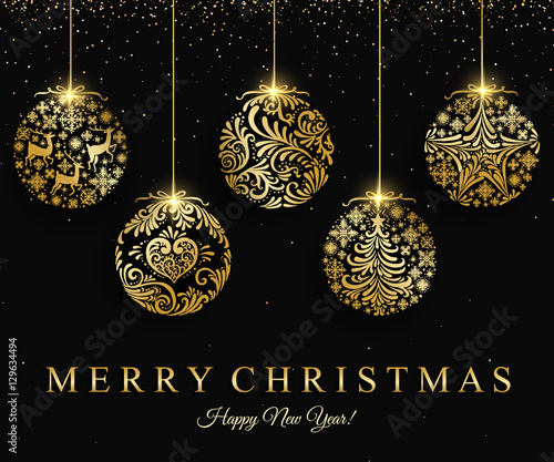 Merry Christmas gold ball decoration for greeting card, invitation, celebratory design. Vector illustration