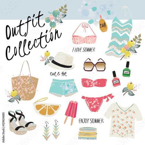 Vector of hand drawn fashion illustration. A set of summer outfit collection with flowers and branches.
