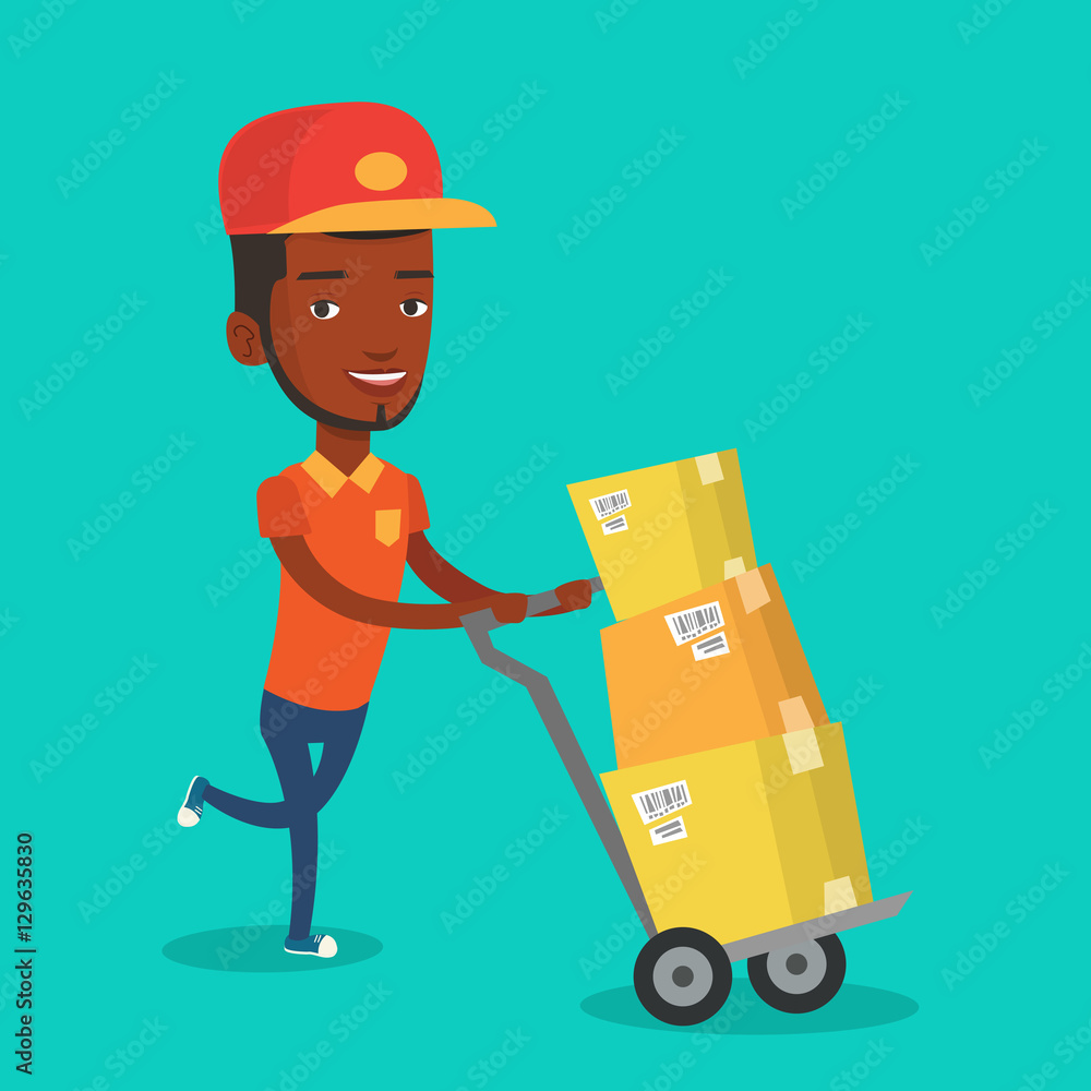 Delivery postman with cardboard boxes on trolley. Delivery postman with cardboard boxes on trolley.