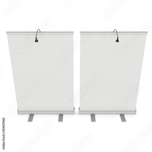 Wallpaper Mural Blank Roll Up Banner Stand. Trade show booth white and blank. 3d render isolated on white background. High Resolution Template for your design. Torontodigital.ca