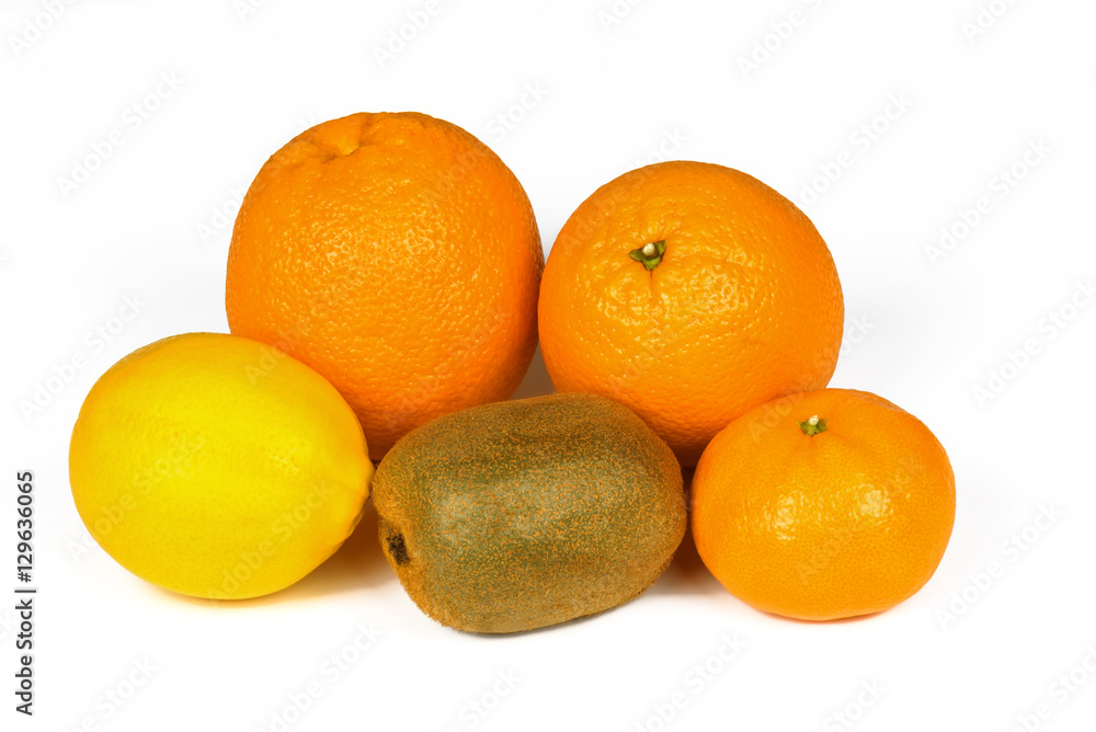 Fresh orange, lemon, tangerine, kiwis isolated on a white background. Ripe fruit full of vitamins. Fresh orange, lemon, tangerine, kiwis isolated on a white background. Ripe fruit full of vitamins.