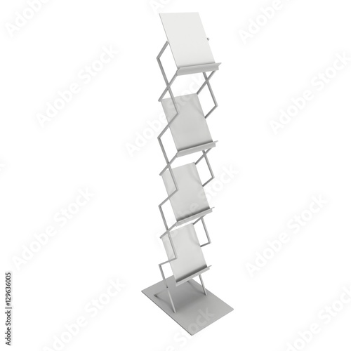 Trade show booth Magazine Rack white and blank. 3d render isolated on white background. High Resolution. Ad template for your design.