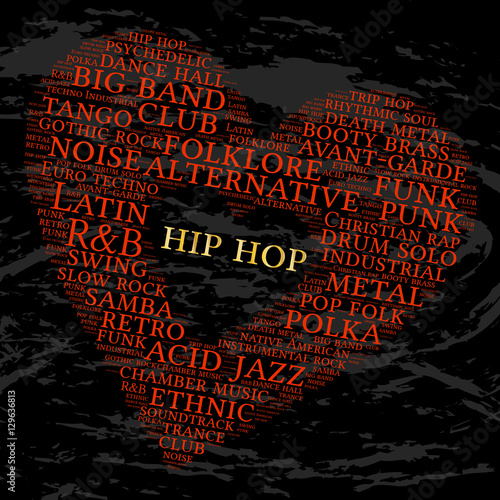 Hip hop. Word cloud, heart, grunge background. Musical styles.