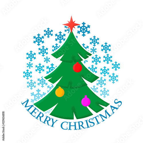 Merry Christmas sticker with the image of a decorated Christmas tree and snowflakes.