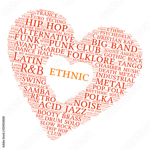 Ethnic. Word cloud, heart, white background. Musical styles.