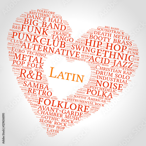 Latin. Word cloud, heart, gradient grey background. Musical styles.