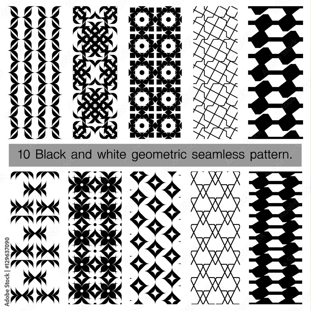 Collection of black and white geometric seamless pattern. Collection of black and white geometric seamless pattern.