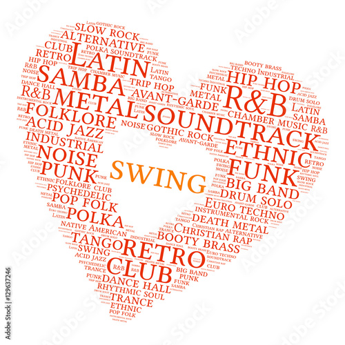 Swing. Word cloud, heart, white background. Musical styles.