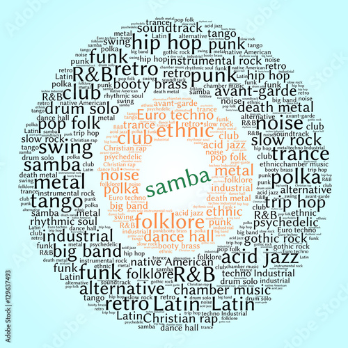 Samba. Word cloud, circles, gradient blue background. Musical styles.
