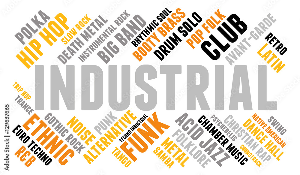 Industrial. Word cloud, type font, white background. Musical styles. Stock Vector Adobe Stock