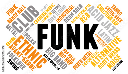 Funk. Word cloud, type font, white background. Musical styles.