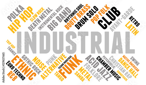 Industrial. Word cloud, type font, white background. Musical styles.